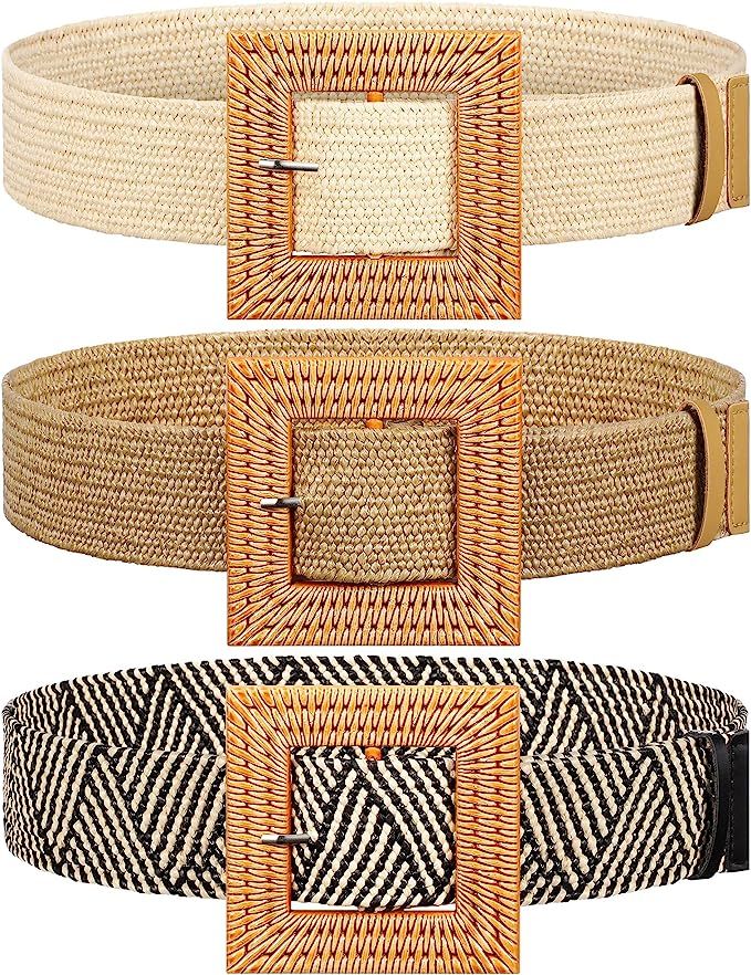 3 Pieces Straw Woven Belt Elastic Stretch Belt Boho Waist Belt Skinny Dress Braided Belt Wooden B... | Amazon (US)