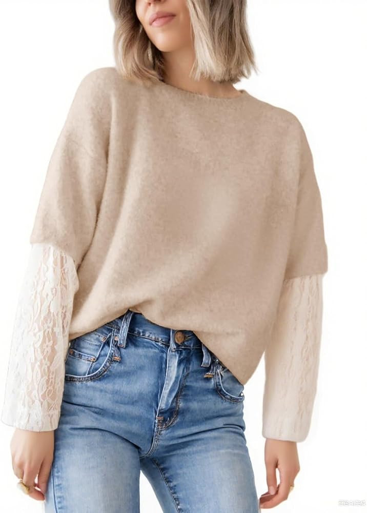 Women's Lace Long Sleeve Sweater Crewneck Casual Loose Ribbed Knit Top | Amazon (US)