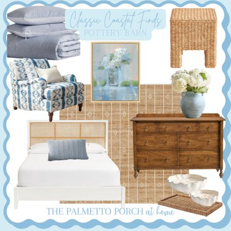Classic coastal furniture and home decor from Pottery Barn. | coastal bed | classic wood dresser | blue and white 

#LTKhome