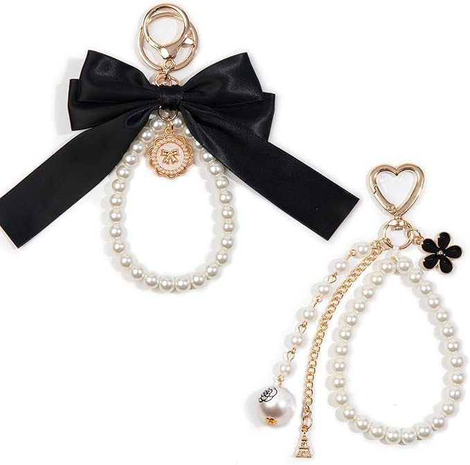 2pcs Bow Keychain, Cute Keychain, Wristlet Keychain, Ribbon Keychain Pearl Bag Charm for Purse Ha... | Amazon (US)