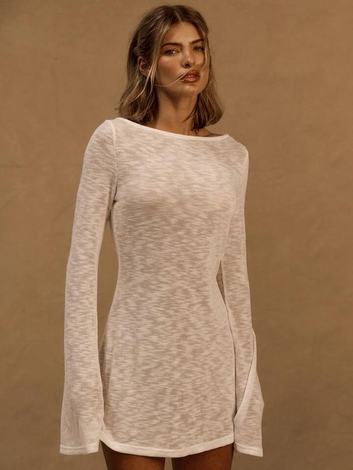MUSERA Slash Neckline Flare Long Sleeve Knit Aline Mini Dress Ibiza Outfit, For Holiday, Spring, Summer, Vacation, Beach Drop Waist Dress Ibiza Western Country Rave White | SHEIN
