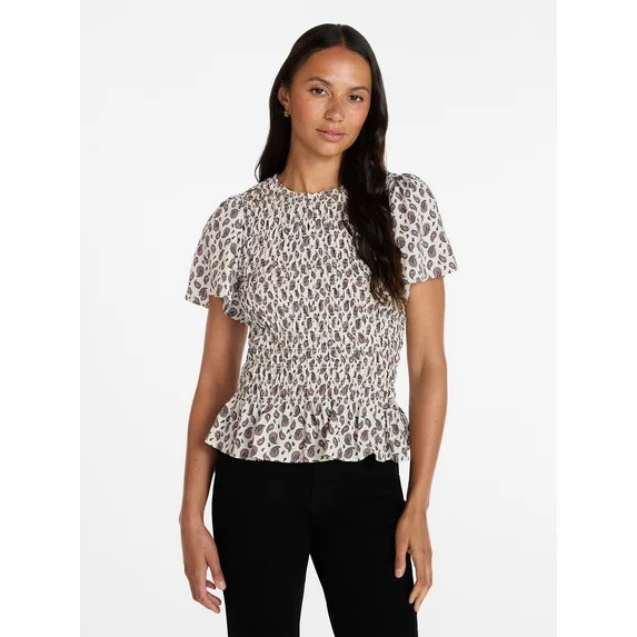 Time and Tru Women's Smocked Top with Short Puff Sleeves, Sizes XS-XXXL | Walmart (US)