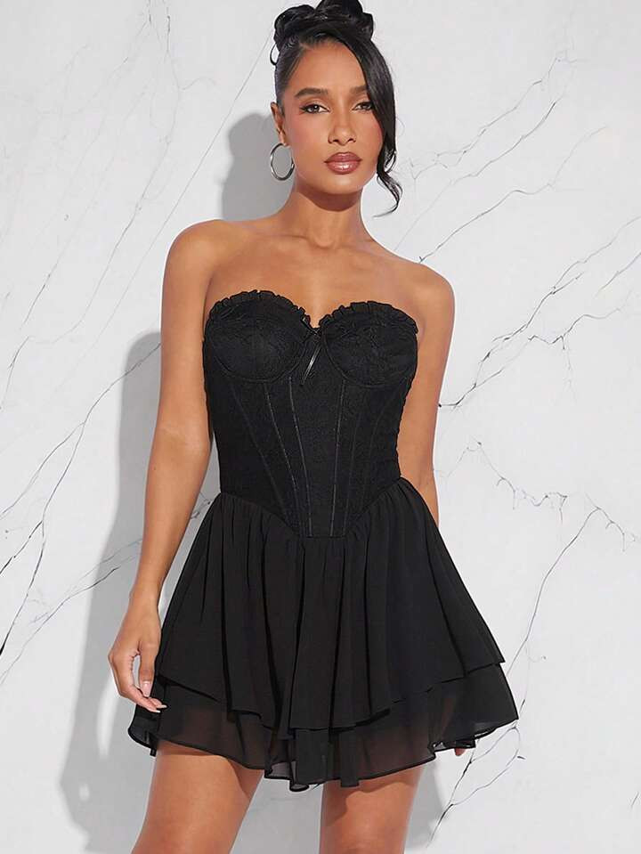 SHEIN Haute Abito bandeau estivo compresso donna in tinta unita a motivo osso di pesce per le vac... | SHEIN