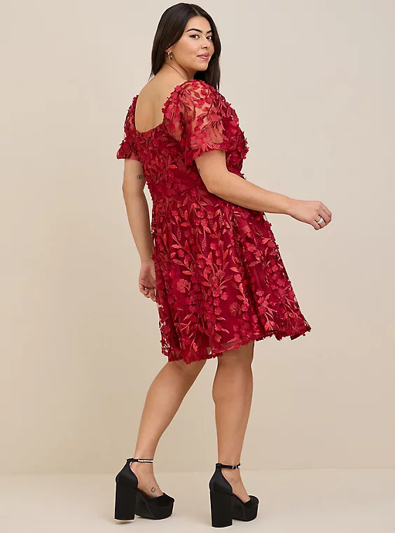 Mini Textured Mesh Puff Sleeve Skater Dress | Torrid (US & Canada)