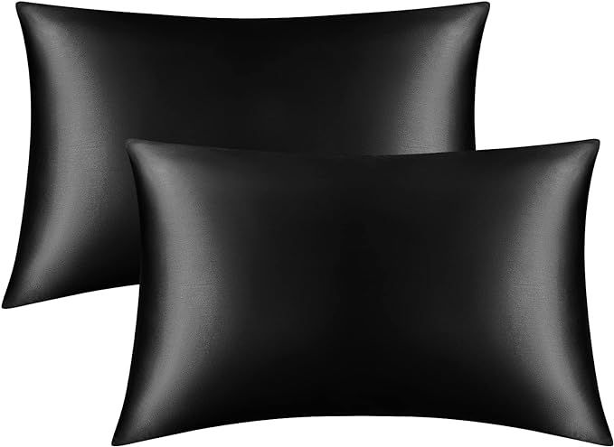 Satin Pillowcase for Hair and Skin, 2 Pack Black Silk Pillowcase Standard Satin Pillowcase with E... | Amazon (US)