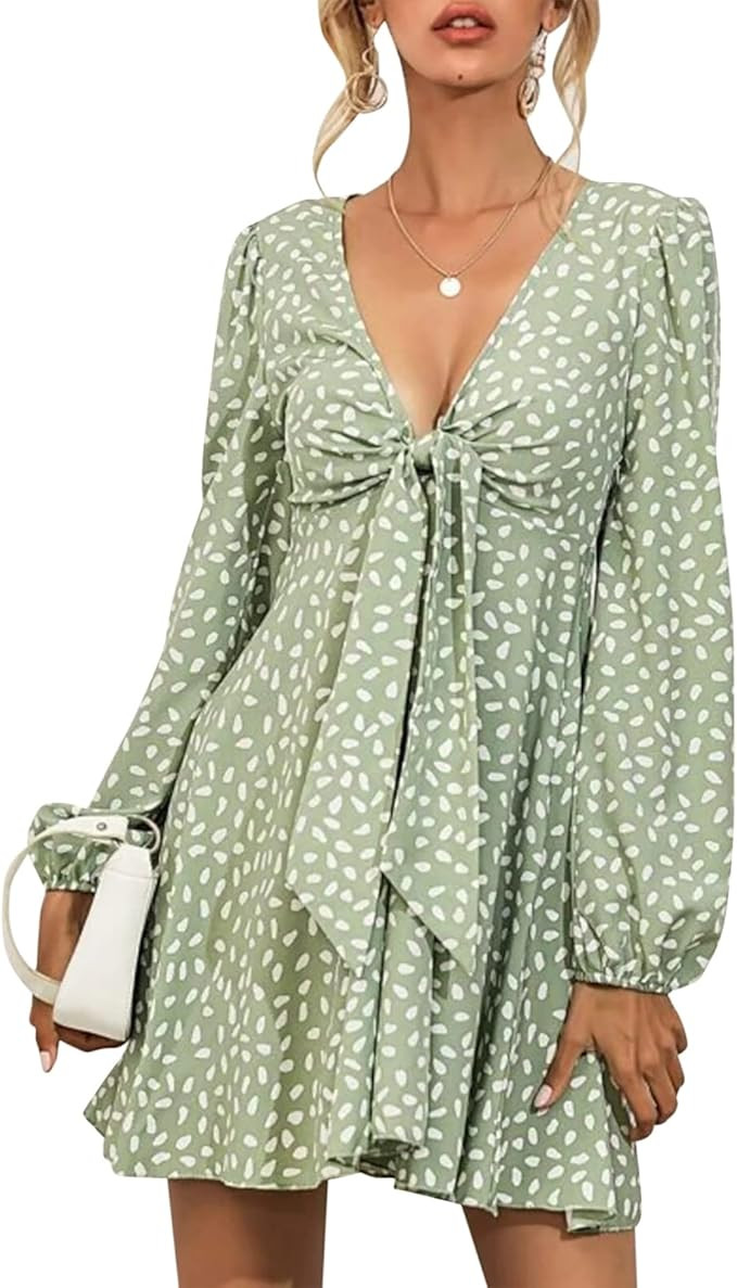 Mzzwm Women's V-Neck Mini Dress Long Sleeve Polka Dot Flowy Casual Smocked Ruffle Dresses | Amazon (US)