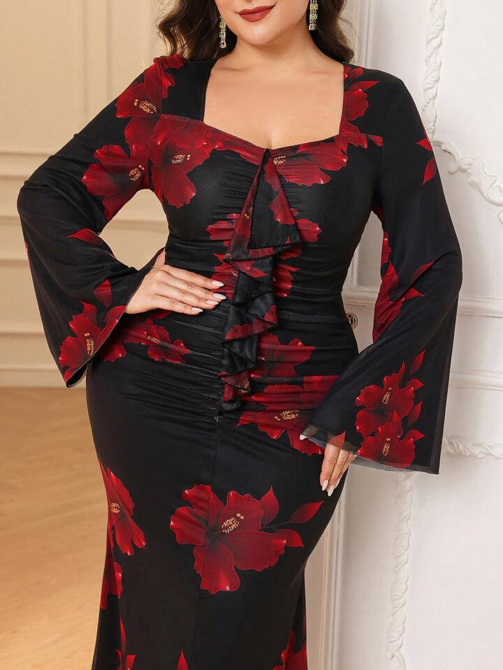 SHEIN Modely Plus Size Elegant Floral Print Heart Neck Ruffle Bell Sleeve Dress, Autumn | SHEIN