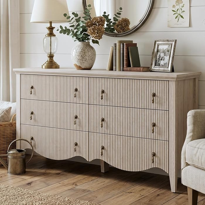 6-Drawer Fluted Dresser, 52" Wide Double Chest of Drawers,Nature Oak | Amazon (US)
