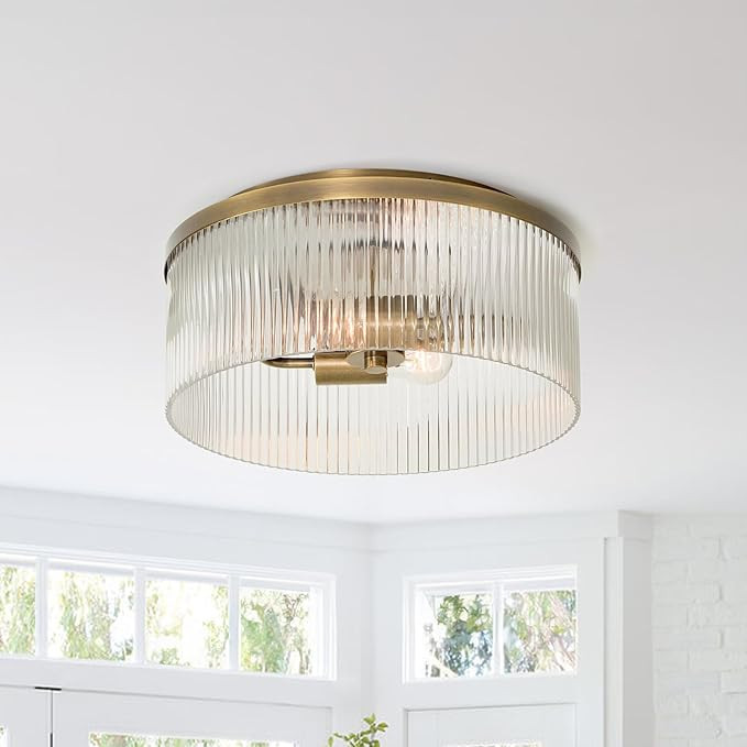 Farmhouse Gold Semi Flush Mount Ceiling Light - 16" Round Ribbed Drum Fixture with Brass Frame & ... | Amazon (US)