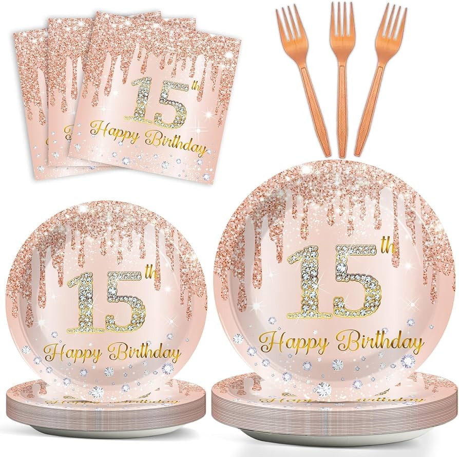 96Pcs 15th Birthday Party Plates and Napkins for 15 Year Old Birthday Party Supplies Rose Gold Pa... | Amazon (US)