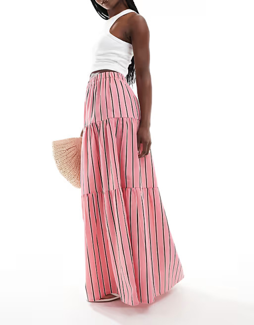 Wednesday's Girl striped tiered maxi skirt in pink and brown stripe | ASOS | ASOS (Global)