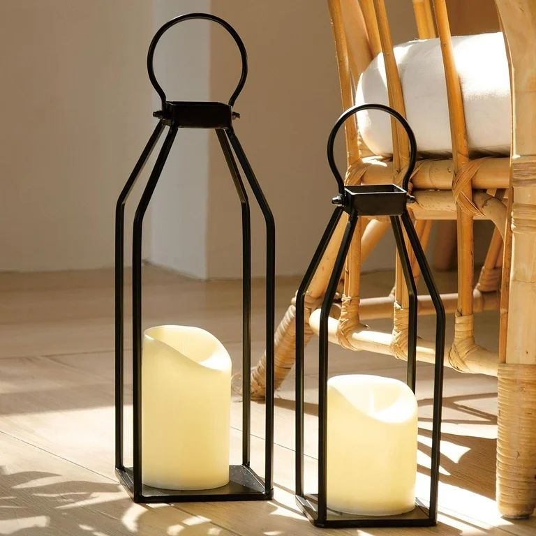 Perfnique Modern Farmhouse Lantern Decor, 15'' 13'' Set of 2 Black Metal Lanterns, 2 LED 6hr Time... | Walmart (US)