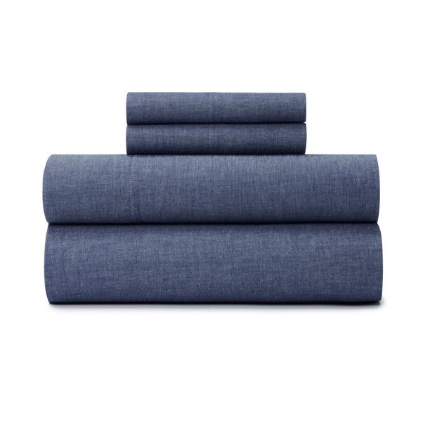 Gap Home Yarn Dyed Organic Cotton Washed Chambray Sheet Set, Deep Pocket, Queen, Navy, 4-Pieces | Walmart (US)