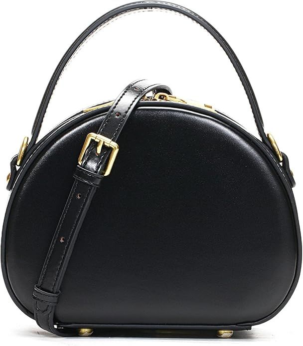 Soft Split Leather Top-Handle Handbag Vintage Small Circular Shoulder Bag For Women 20X9X15Cm | Amazon (US)