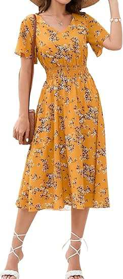 Chiffon Floral Summer Sun Beach Dresses for Women 2023 with V Neck Elastic Waist | Amazon (US)