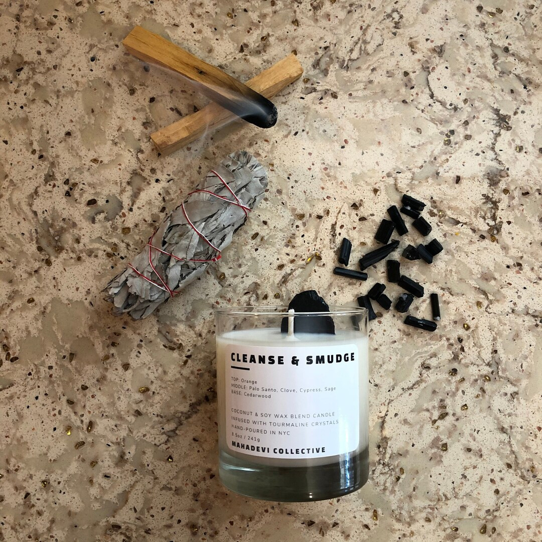 CLEANSE & SMUDGE CANDLE | All Natural Coconut-soy Wax 8oz | Palo Santo + Sage | Tourmaline Crysta... | Etsy (US)