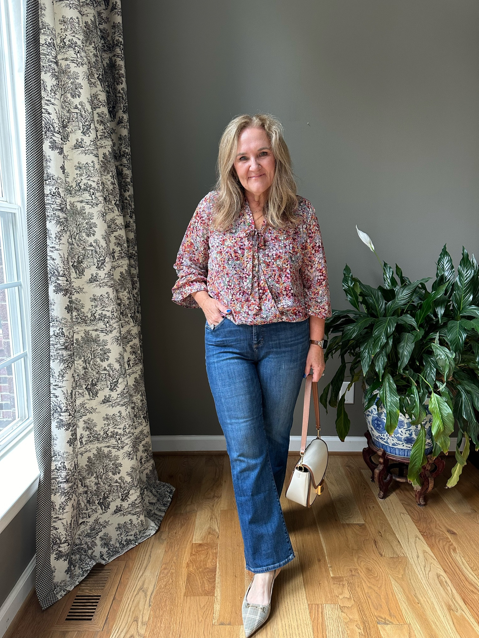 Late summer early fall outfit. 
The blouse is a mock wrap with elastic at the waist so no worrying about tucking  
10% off Gibson look code NANETTE10

#LTKFindsUnder100 #LTKOver40 #LTKBacktoSchool