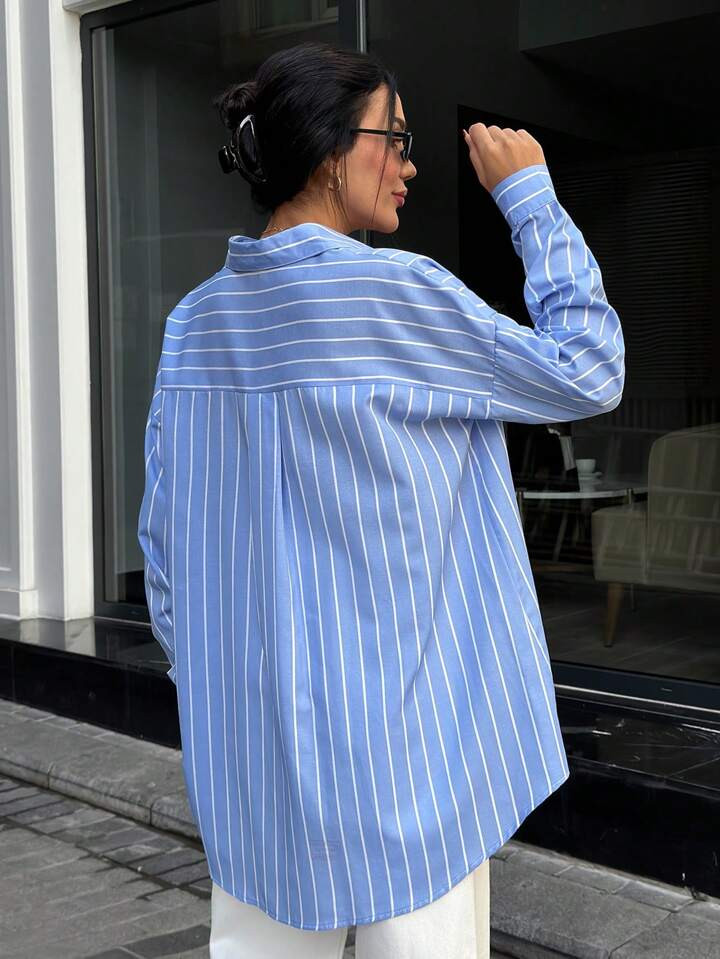 Cottnline WOMAN BLUE AND WHITE LINED POPLIN BLOUSE | SHEIN