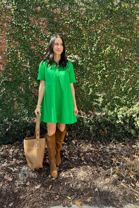 Loving this new arrival from Old Navy in green! I added a slip for extra sunlight shining through. The perfect spring and summer dress, paired with boots for cooler days!  

Dress TTS wearing small for loose fit and length, boots TTs. Amazon handbag.

#LTKSeasonal #LTKSpringSale #LTKover40