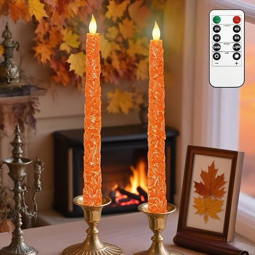 Impress Life Fall Flameless Taper Candles, Carved Maple Leaf Real Wax | Amazon (US)
