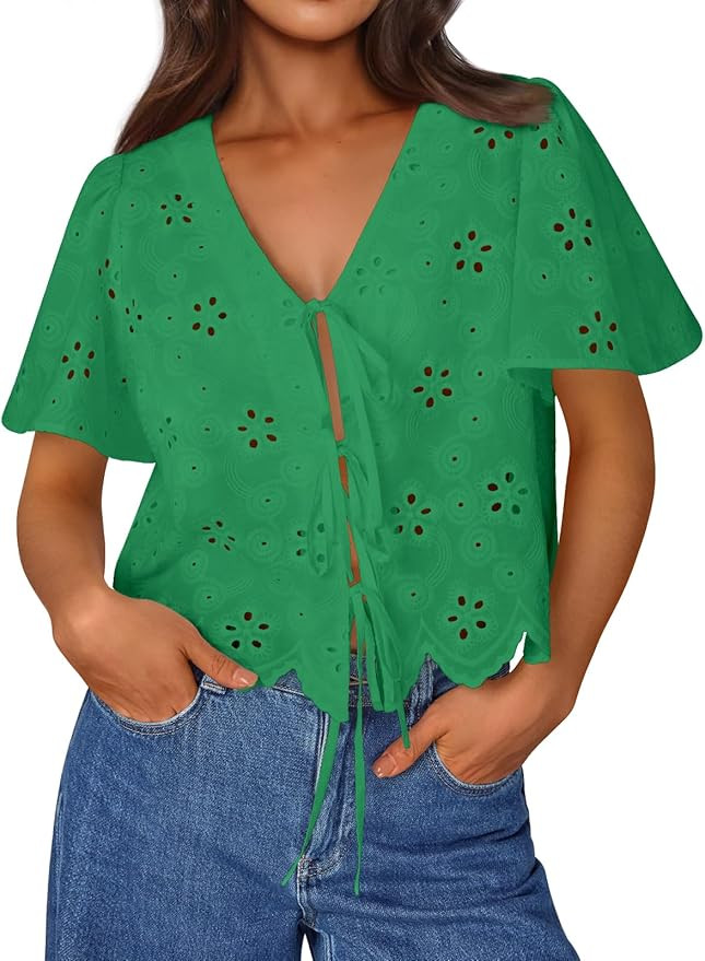 Trendy Queen Womens Tie Front Tops Summer Beach Vacation 2025 Fashion Outfits Short Sleeve Blouse... | Amazon (US)