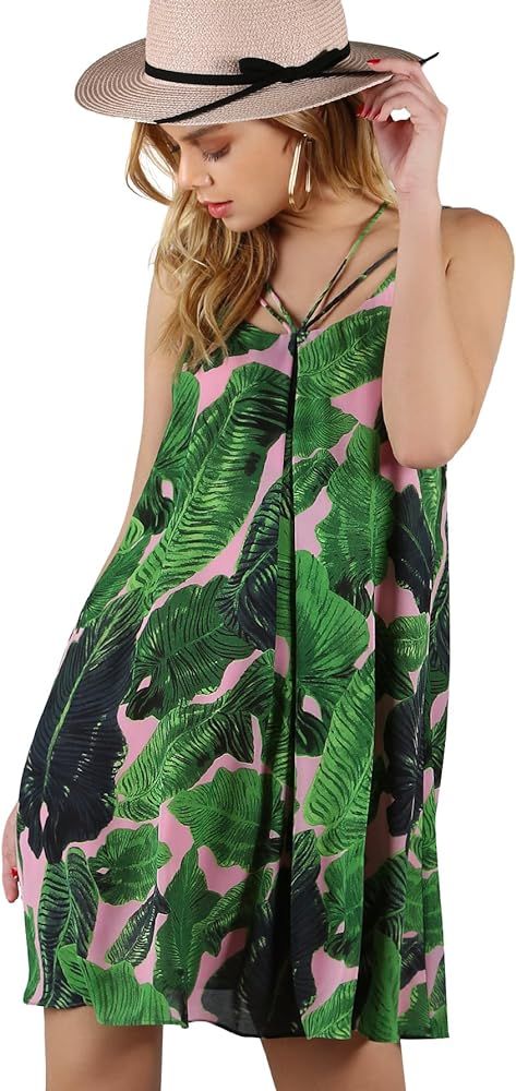 Women's Tropical Palm Leaf Print Strappy Summer Beach Dress | Amazon (US)