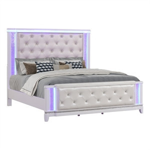 Pemberly Row Modern King Bed Made with Wood & LED Headboard in Milky White | Homesquare