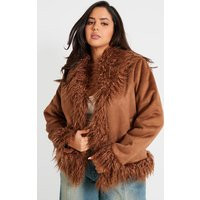 Plus Chocolate Faux Suede Faux Mongolian Fur Trim Jacket | PrettyLittleThing US
