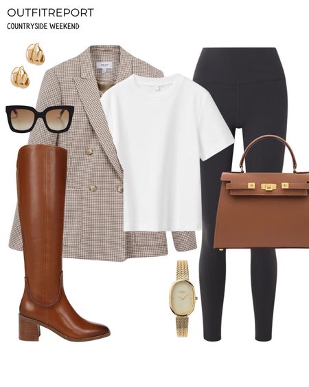 Blazer houndstooth leggings white tshirt brown boots brown handbag 

#LTKshoecrush #LTKstyletip #LTKitbag