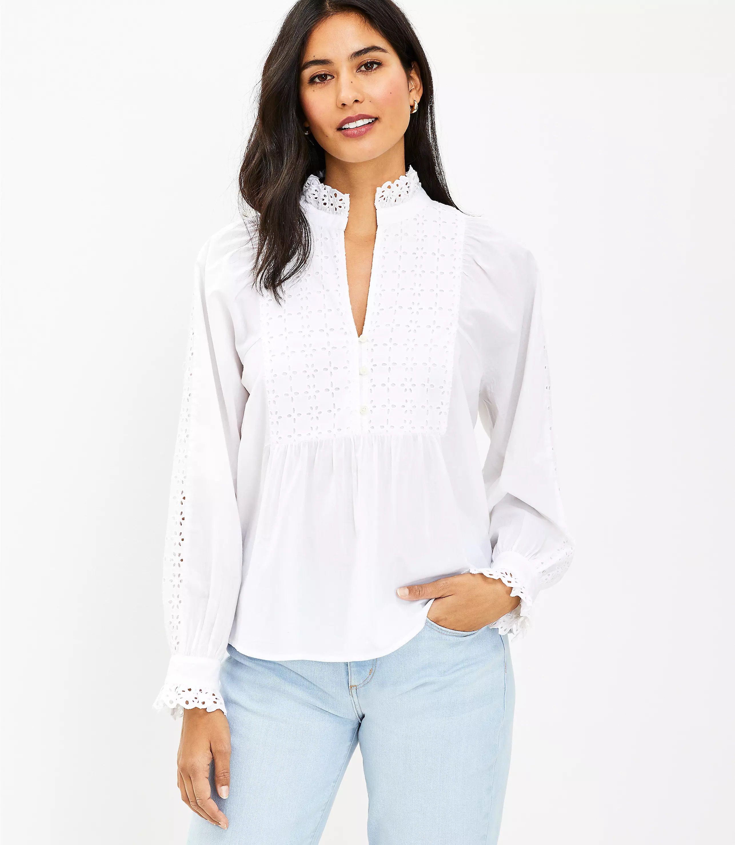 Petite Eyelet Ruffle Bib Blouse | LOFT
