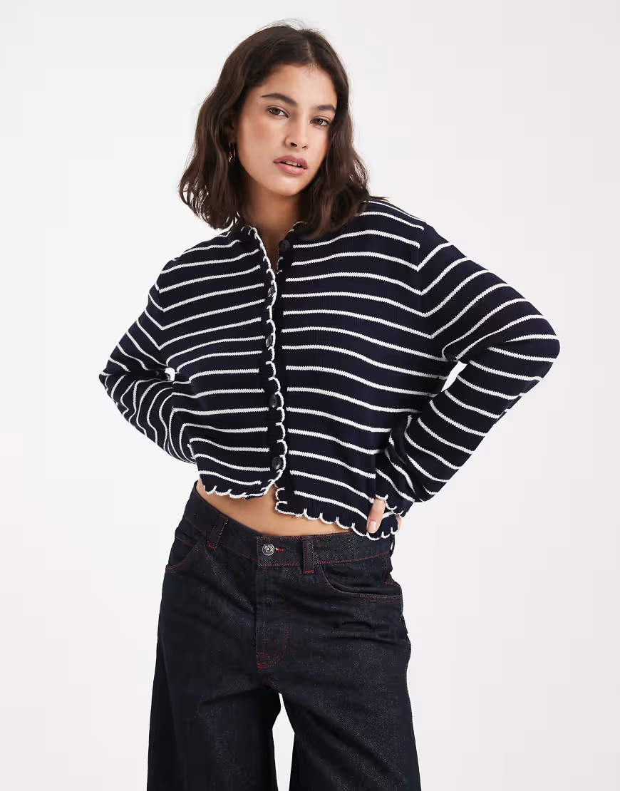 Miss Selfridge striped blanket stitch cardigan in navy stripe-Blue | ASOS (Global)