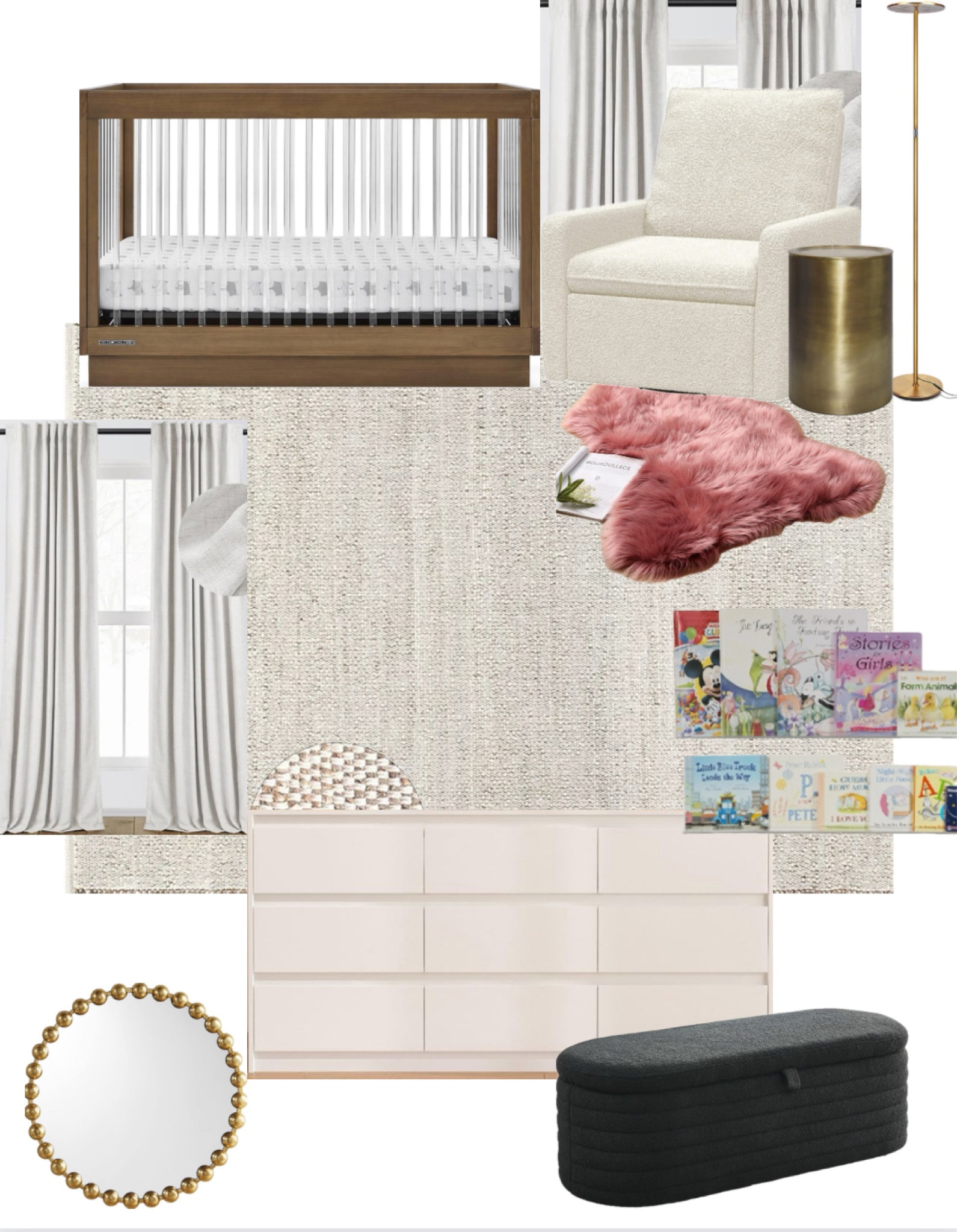 baby nursery, nursery mood board, amazon nursery, neutral nursery, acrylic and wood 4 in 1 crib, blackout curtains, white dresser, black boucle storage bench, gold wall mirror, minimalist floor lamp, cotton jute rug, acrylic nursery shelves, book shelves, baby room, nursery swivel recliner, modern recliner, modern organic nurseryy

#LTKhome #LTKfindsunder50 #LTKbaby