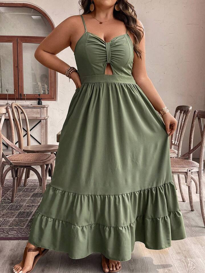 SHEIN LUNE Plus Size Solid Color Sleeveless Spaghetti Strap Dress With Chest Pleats And Ruffle He... | SHEIN