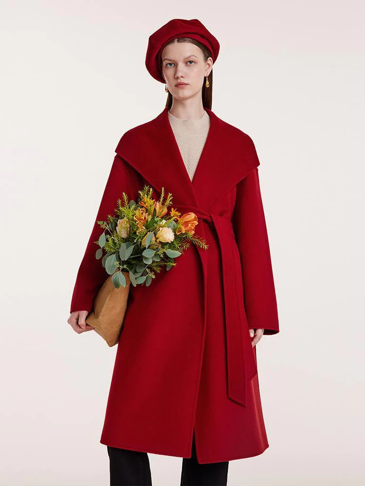 Red Mulberry Silk Wool Lapel Coat | GOELIA