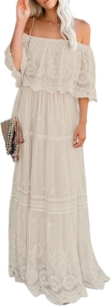 MERMAID'S CLOSET Women's Casual Off Shoulder Lace Maxi Dress Boho White Bridesmaid Wedding Evenin... | Amazon (US)