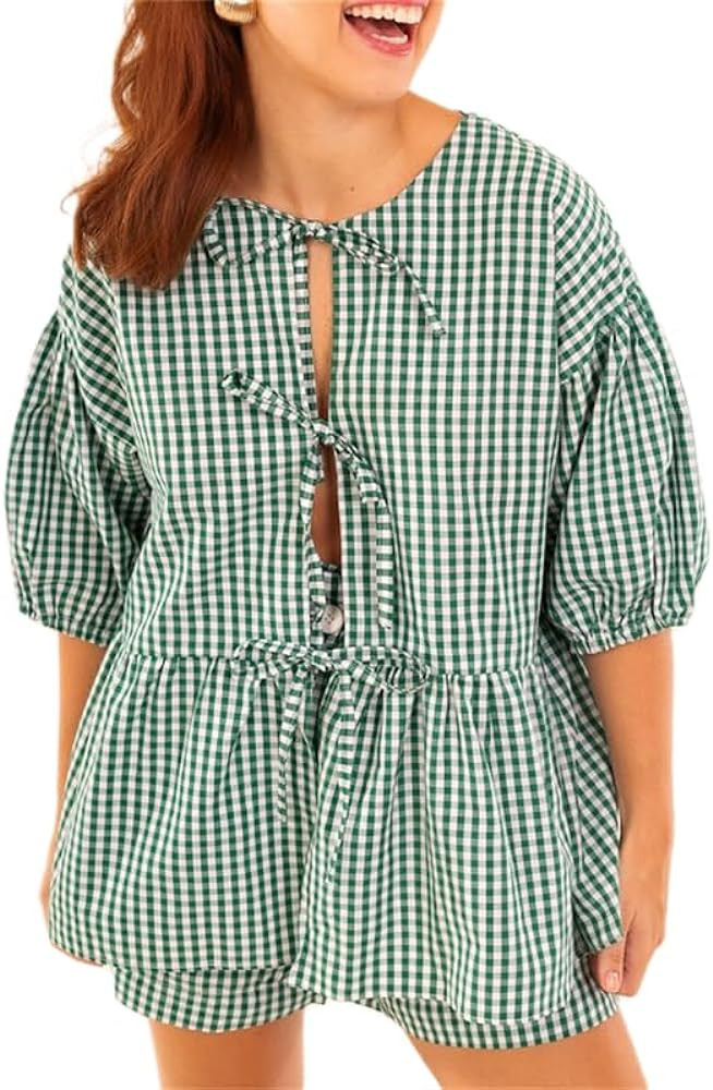 Yuemengxuan Women Y2k Peplum Shirt Shorts Set Two Piece Lounge Set Pajamas Sets Puff Sleeve Tie F... | Amazon (US)