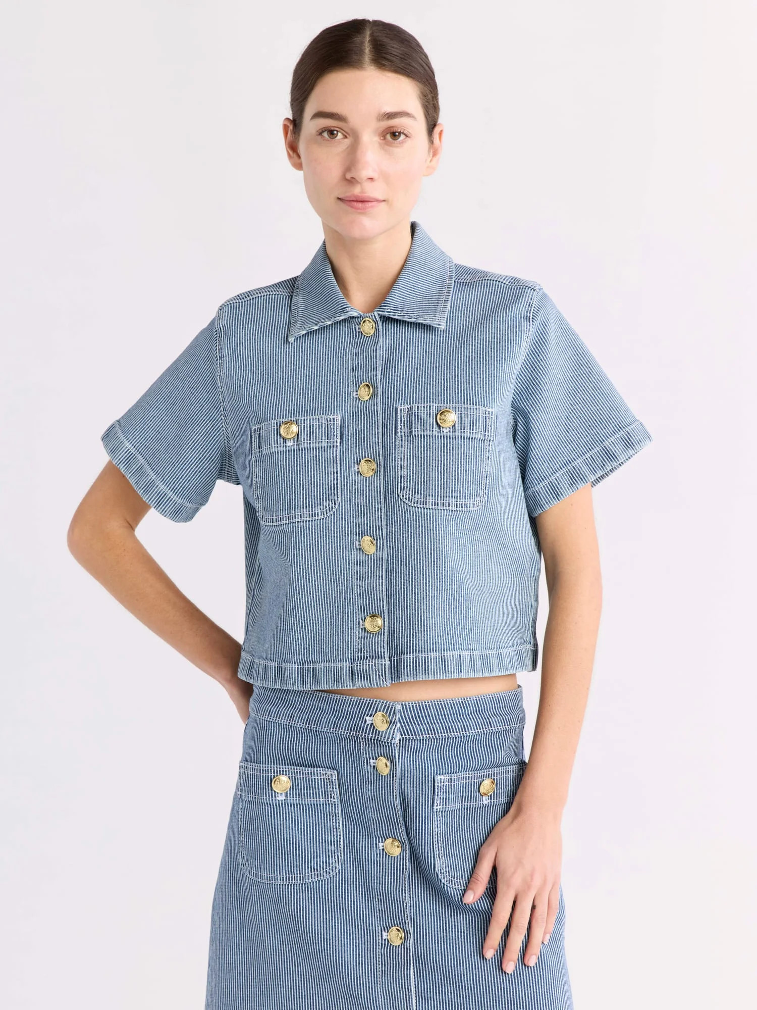 Free Assembly Women's and Women's Plus Striped Denim Cropped Shirt, Sizes XS-4X | Walmart (US)