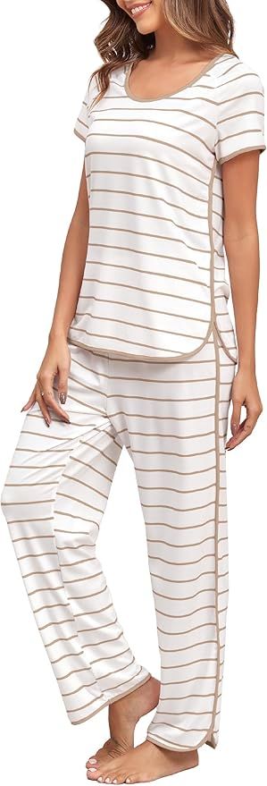 Stripe Pajamas Set Women Two-Piece Nightwear Short Sleeve Sleepwear Soft Side Split Loungewear Pj... | Amazon (US)