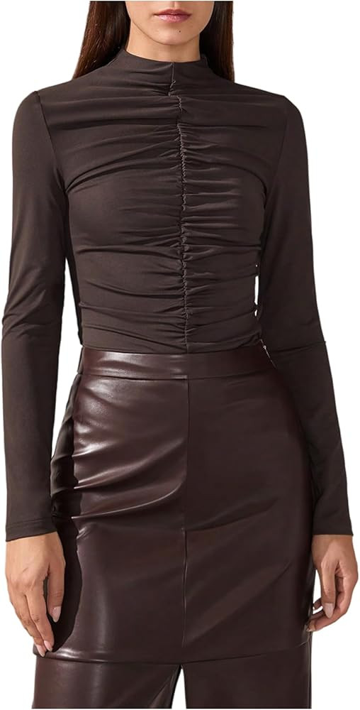 OYOANGLE Women's Long Sleeve Tight T Shirts Ruched Mock Neck Casual Dressy Tee Tops | Amazon (US)