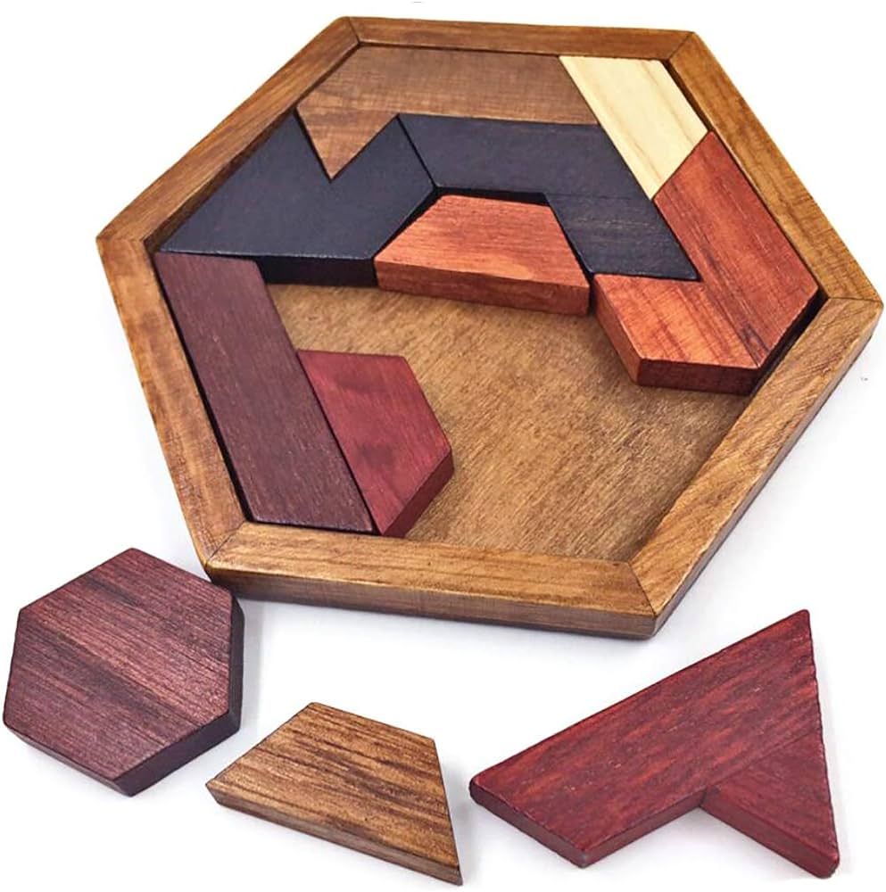 KINGOU Hexagon Tangram Puzzle Wooden Brain Puzzles for Kids & Adult Challenge Wooden Brain Teaser... | Amazon (US)