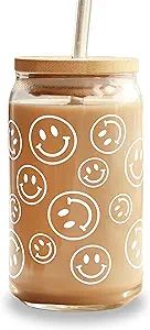 Smiley Face Glass with Lid and Straw and Vinyl Design, 16oz Can Shaped Beer Glasses, Iced Coffee ... | Amazon (US)