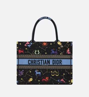 Medium Dior Book Tote Black Multicolor Dior Pixel Zodiac Embroidery (36 x 27.5 x 16.5 cm) | DIOR | Dior Couture
