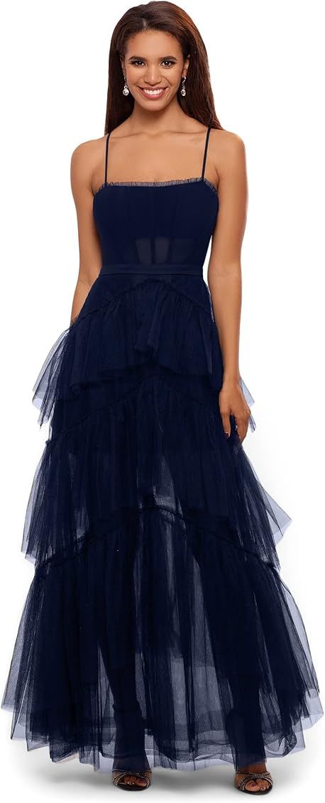 Betsy & Adam Long Corset Tiered Mesh Illusion Gown | Amazon (US)