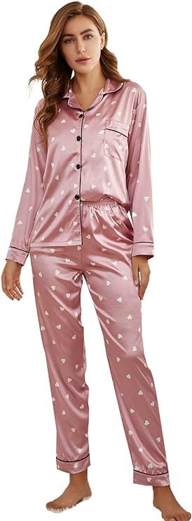 DIDK Women's Satin Star Print Long Sleeve Loungwear Button Down Pajama Set | Amazon (US)