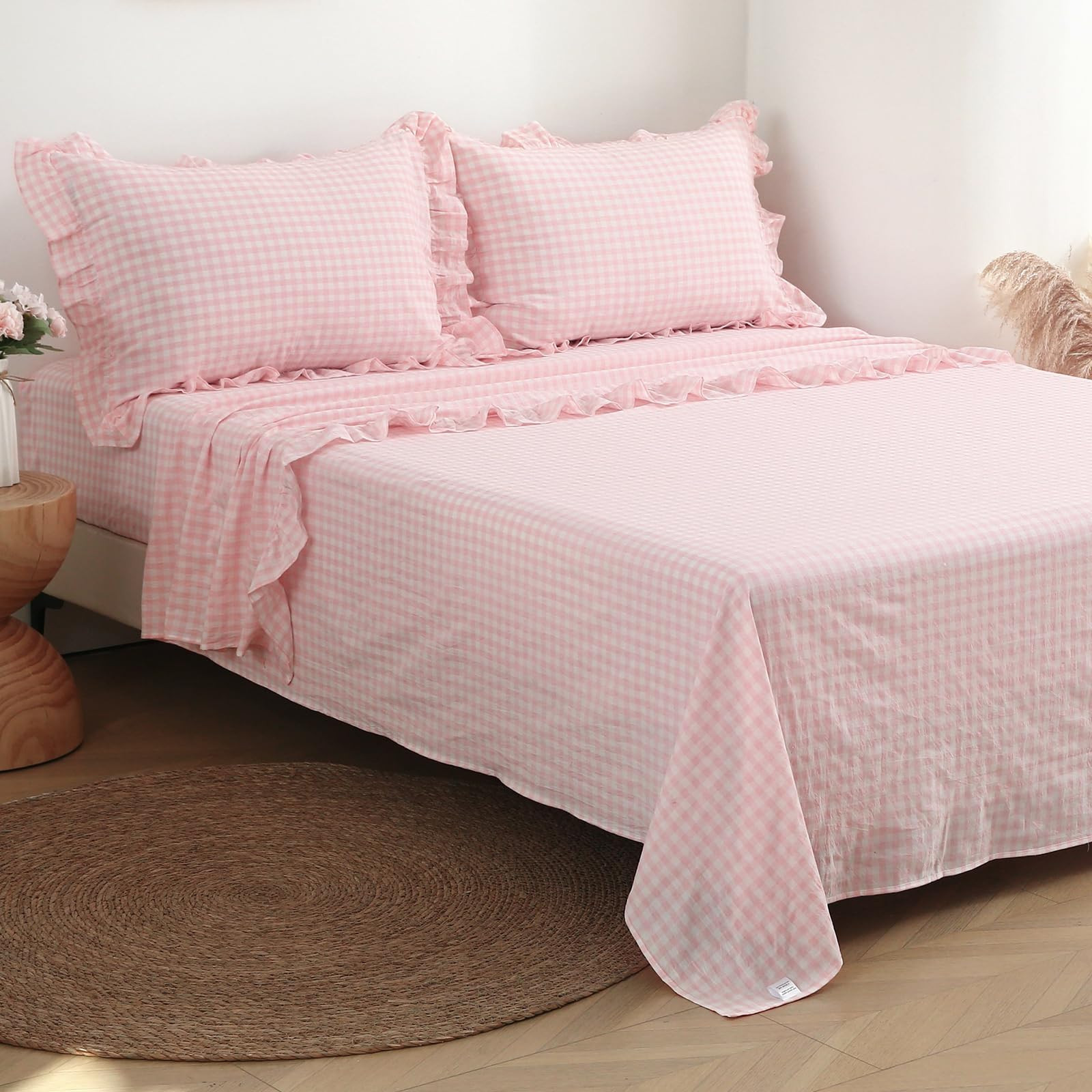 Peach Blush White Plaid Ruffle Gingham Sheets Queen Size 4-Piece Set, 300TC 100% Yarn Dyed Cotton Sheets 18 in Deep Pocket Decorative Bedding (Blush/White Plaid, Queen) | Amazon (US)