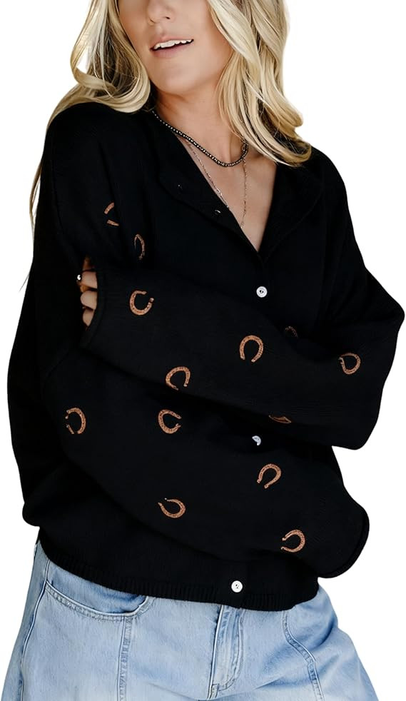 Hongsui Women's Casual Long Sleeve Cardigan Full Button Closure Horseshoe Embroidery Sweater Ribb... | Amazon (US)