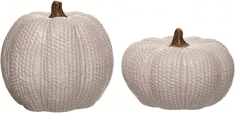 One Holiday Way Elegant Set of 2 Decorative Ceramic Knit White Faux Pumpkin Figurines with Brown ... | Amazon (US)