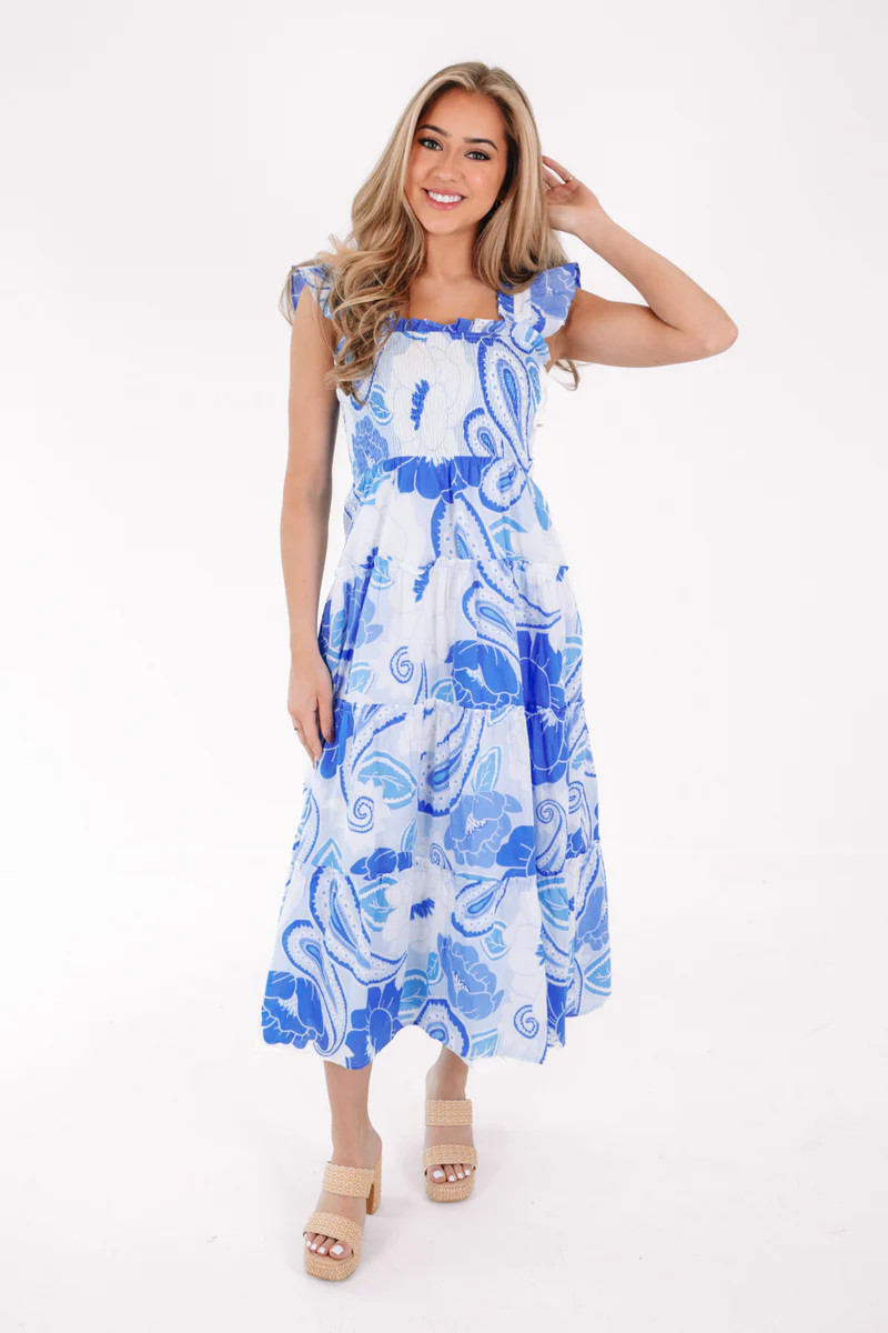 The Delayney Ruffle Strap Midi Dress - Blue | The Impeccable Pig