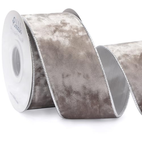 Ribbli Taupe Velvet Wired Ribbon 2.5 Inch Metallic Taupe Crushed Velvet Christmas Ribbon for Gift Wrapping Christmas Tree Decoration Crafts Wreaths Supplies-Continuous 10 Yards | Amazon (US)