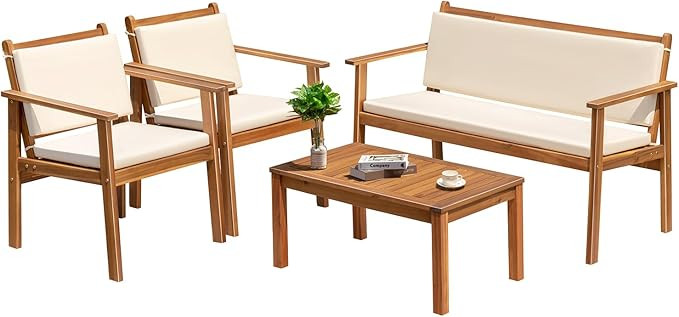 Greesum Outdoor Patio Furniture, 4 Piece Bistro Sofa Set with Coffee Table and Loveseat, Acacia W... | Amazon (US)